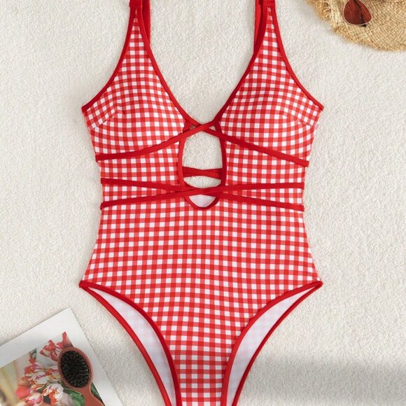 Multicolor Casual Women's V-Neck Plaid Tied Hollow Out One-Piece Suit - Picture 1 of 5